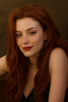 Woman with long red hair and green eyes wearing a gold choker and black top
