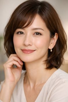 Woman with short brown hair and earrings smiling at the camera