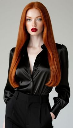 Woman with long red hair and red lipstick wearing a black satin shirt