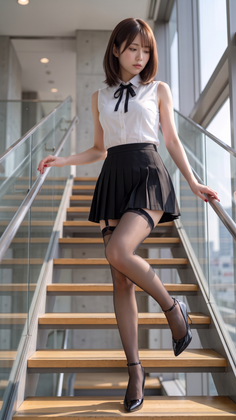Woman in a white shirt and black skirt with thigh-high stockings on stairs