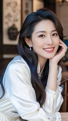 Woman with long dark hair wearing a white blouse and smiling indoors