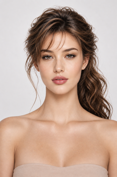 Woman with long wavy brown hair and natural makeup against a light background