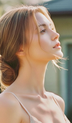 Woman with blonde hair in a bun, illuminated by golden hour light