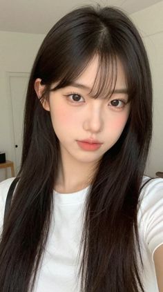 Young woman with long black hair and bangs wearing a white t-shirt