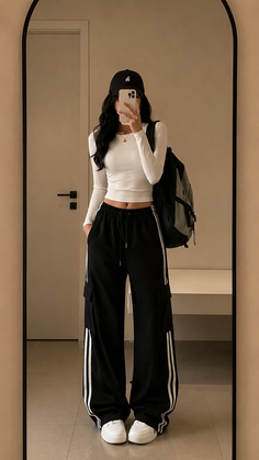 Person in a black cap and white crop top taking a mirror selfie