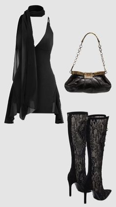 Black dress with sheer fabric, lace boots, and a shoulder bag