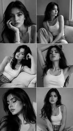 Woman with long dark hair in a white tank top and jeans, captured in multiple black and white poses