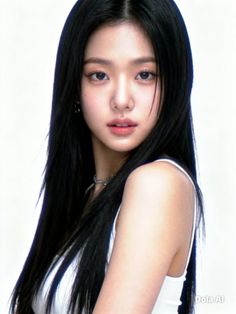 Woman with long black hair wearing a white top and choker, looking at the camera