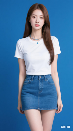 Woman with long brown hair wearing a white t-shirt and denim skirt against a blue background