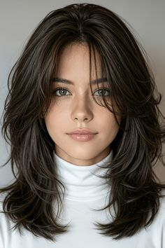 Woman with dark layered hair wearing a white turtleneck
