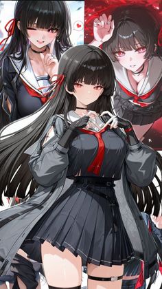 Anime girls with long black hair and school uniforms, one making a heart with her hands