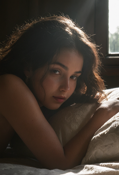 Woman with long hair lying on a pillow with soft backlight from a window