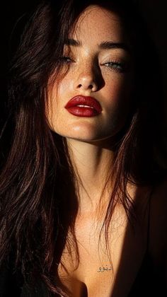 Woman with long hair and red lipstick in dramatic lighting