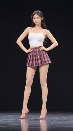 Woman in a white tank top and pink plaid skirt with braided hair