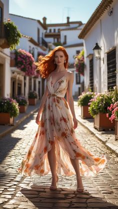 Woman with red hair in a floral dress on a cobblestone street in sunlight