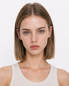 Woman with short blonde hair in a tank top against a white background