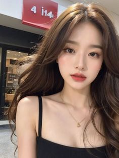 Woman with long brown hair wearing a black top and necklace outdoors