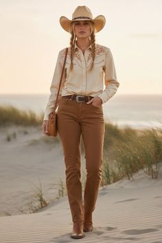 Woman in a cowboy hat and western shirt walking on sand dunes at golden hour