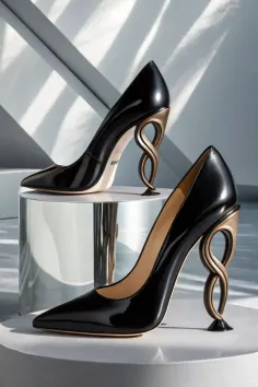 Pair of black high heels with sculptural gold heels on a white and silver display