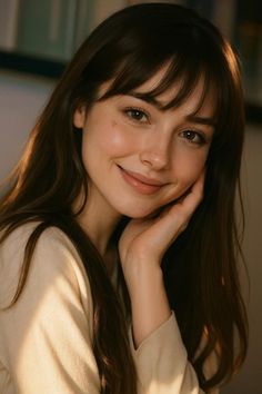 Smiling woman with long brown hair and bangs in soft, warm lighting