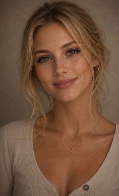 Blonde woman with green eyes wearing a light top and gold jewelry