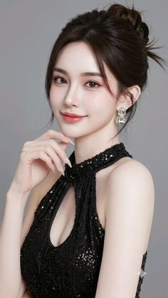 Woman in a black sequin dress with an updo hairstyle and earrings