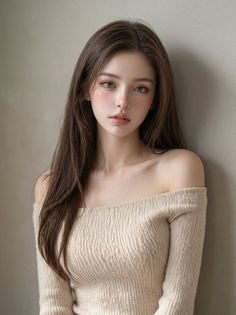 Woman with long brown hair wearing an off-shoulder top indoors