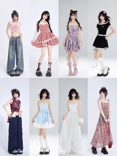 Eight women modeling various fashion outfits, including dresses and casual wear