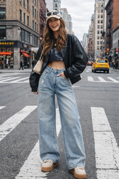 Woman in a crop top, wide leg jeans, and leather jacket on a city street