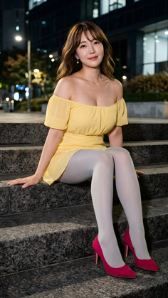 Woman in a yellow off-shoulder dress and white tights sitting on outdoor steps at night