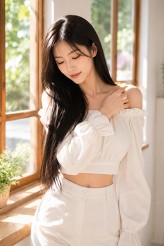 Woman with long black hair in an off-shoulder top and white pants indoors