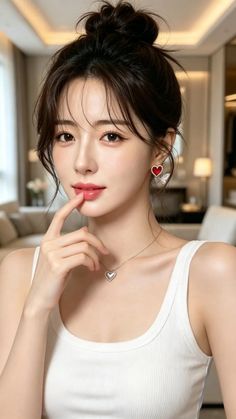 Woman with an updo hairstyle wearing a white tank top and heart jewelry indoors