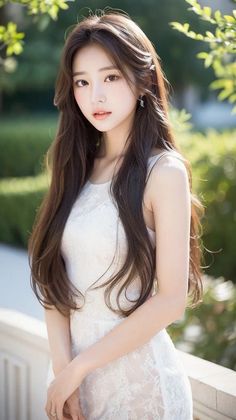 Woman with long brown hair wearing a white lace dress outdoors