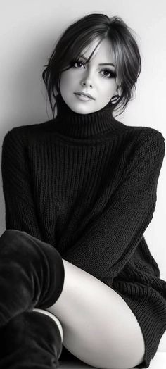 Woman with short dark hair wearing a black turtleneck in a monochrome portrait