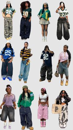 Multiple women showcasing various streetwear outfits with baggy pants and crop tops