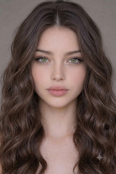 Woman with long wavy brown hair and green eyes looking directly at the viewer