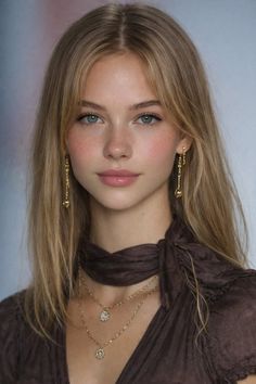 Young woman with blonde hair and blue eyes wearing jewelry