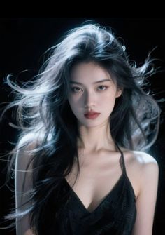 Woman with long black hair and a black top against a dark background with backlight