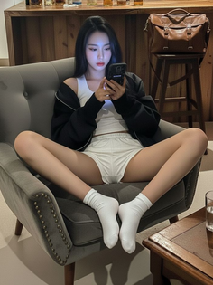 Woman in a white tank top and shorts sitting on a chair while looking at her phone