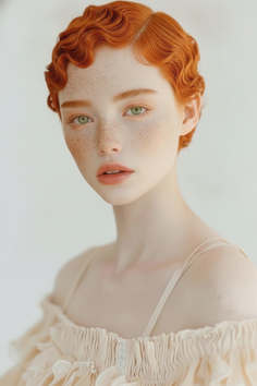 Woman with red finger waves and freckles wearing an off-shoulder top