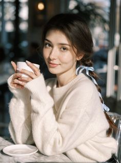Woman with braided hair and a blue ribbon holding a mug in soft lighting