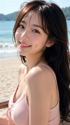 Woman with long hair and a pink top smiling on a sunny beach