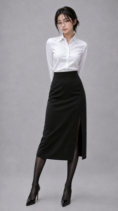Woman in a white shirt and black skirt with a slit, wearing glasses