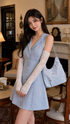 Woman in a striped dress and lace gloves holding a shoulder bag indoors