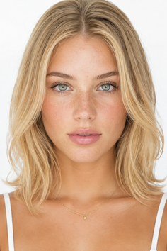 Woman with blonde hair, green eyes, and freckles wearing a delicate necklace