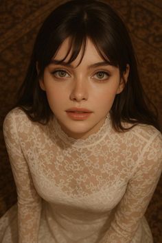 Woman with long dark hair and green eyes wearing a white lace dress