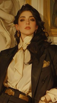 Woman with dark hair wearing a black suit and white blouse with gold accessories