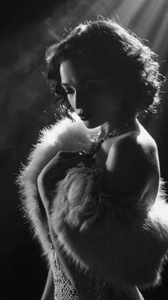 Woman with curly hair and a fur shawl in dramatic black and white lighting