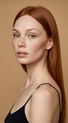 Woman with red hair and freckles wearing a black top in a studio setting