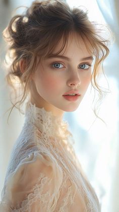 Woman with blue eyes and an updo wearing a lace dress with soft lighting